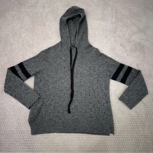 Central Park West Women’s Medium Merino Wool Knit Hoodie, Gray with Black Strips
